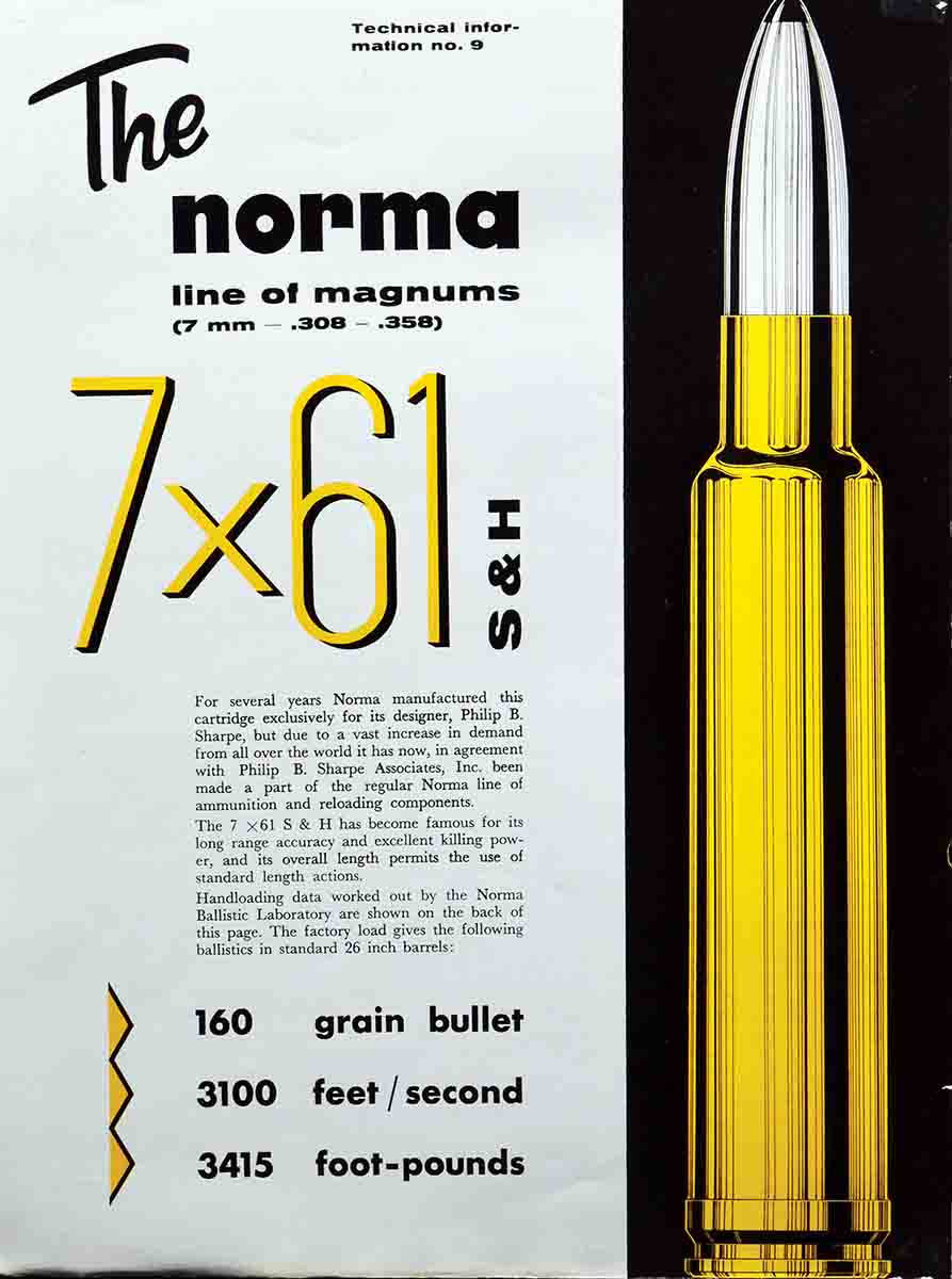 Norma’s promotional material for the 7x61mm S&H (later the Super 7x61mm) from the mid-1960s. It is a very modern-looking cartridge, even today.